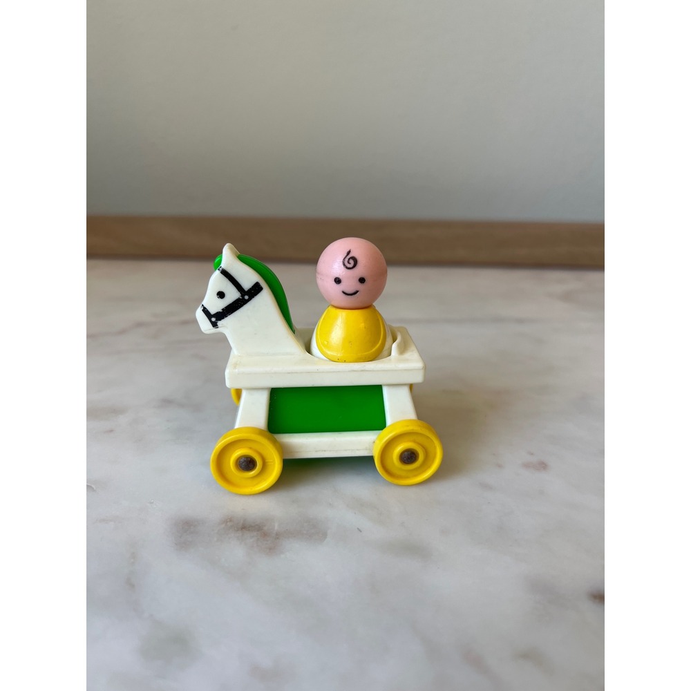 Vintage Fisher-Price Little People Green White Riding Horse with Baby Figure